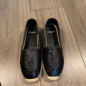YSL Saint Laurent Black Leather Espadrille Flat Shoes (Size 37)